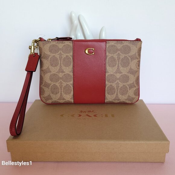 COACH Boxed Small Wristlet in Signature Canvas & Smooth Leather-Tan/Ruby color⭐ - Picture 4 of 16